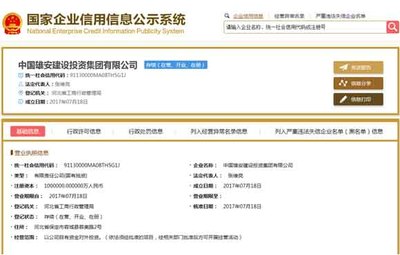 中國雄安建設投資集團成立注冊資金百億 張維亮任法人(簡歷)